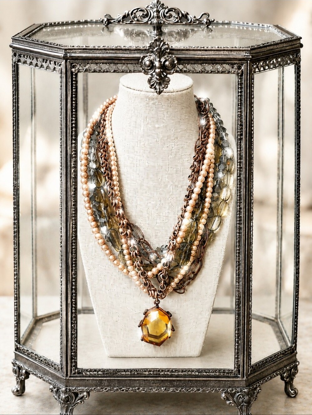 CHICO'S Multiple Strand Faux Pearl Huge Topaz Stone Copper Tone Glass Necklace